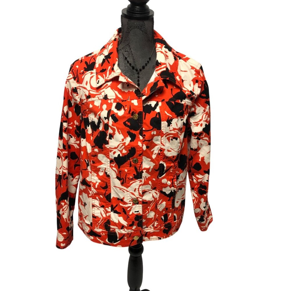 Liz Claiborne Jacket Womens Size 18W Orange Black Floral Button Up Long Sleeve